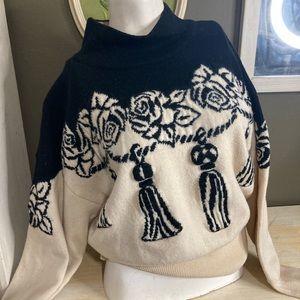 VTG Escada wool sweater w roses tassels print